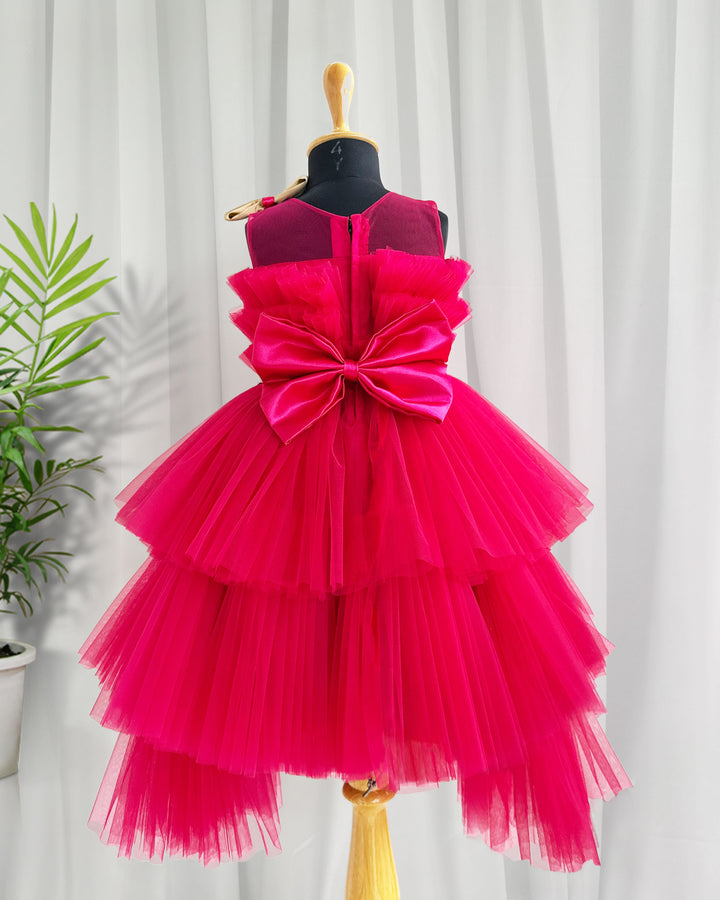 Rani pink tail frock, elegant pleated birthday dress, baby girl party wear, stylish frock for girls, pink shade kids frock