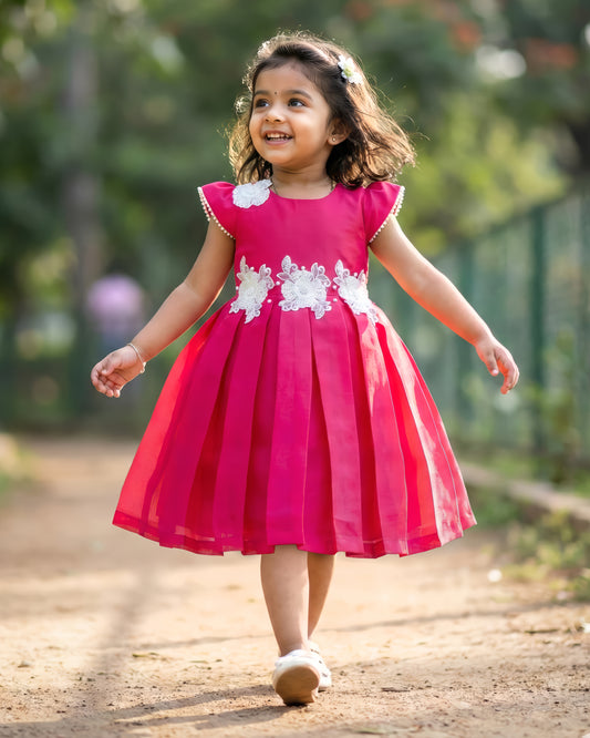 Rani pink shimmery silk frock front view baby girl – Stanwells Kids