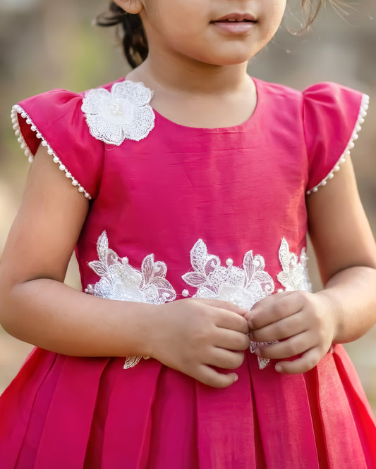 Rani pink shimmery silk frock side view baby girl – Stanwells Kids