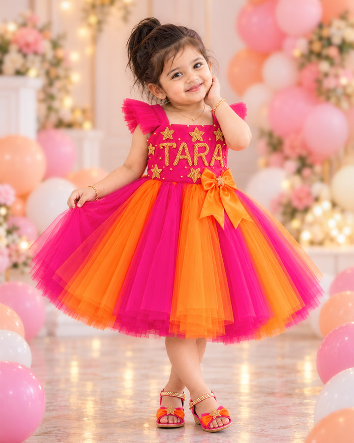 Baby Girl Rani Pink Orange Party Frock with Bow – Stanwells Kids