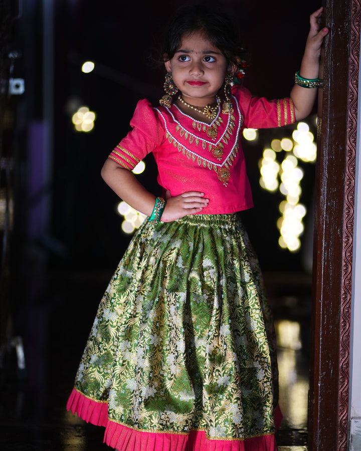 Rany Pink Pea Green Banarasi Silk Lehenga, Baby Girls Birthday Dress, Designer Handwork Lehenga Choli, Festive Partywear Dress