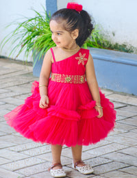 Rani Pink Shade Pleated Handworked Ruffled Frock