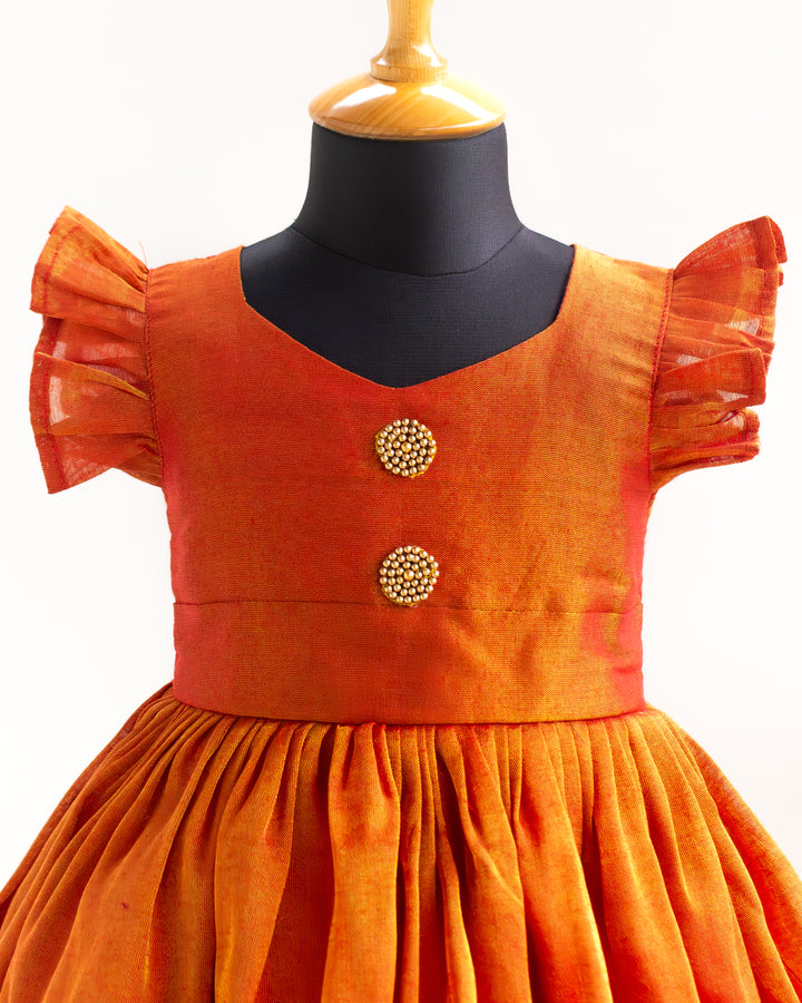 Golden bead yoke detail on red silk ethnic frock for girls – Stanwells Kids
