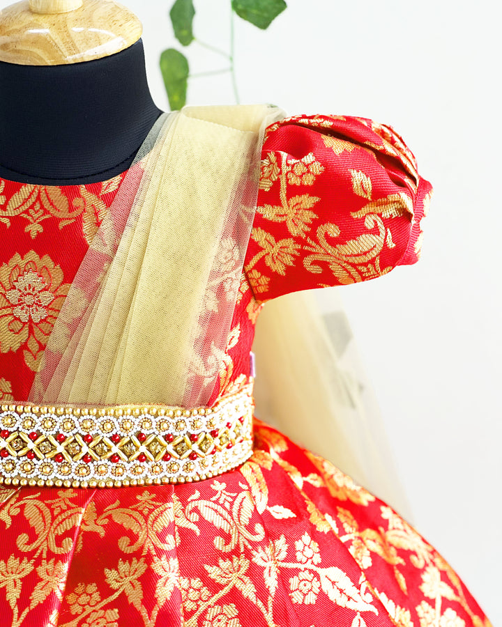 Baby girls red silk saree frock birthday dress traditional wear