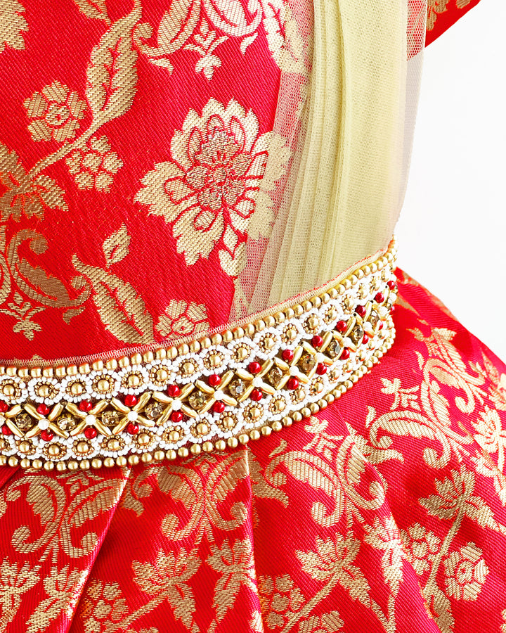 Baby girls red silk saree frock birthday dress traditional wear