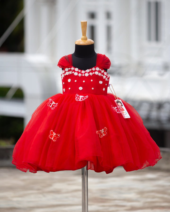 Red butterfly handwork strap sleeve partywear frock for baby girl – front view, Stanwells Kids