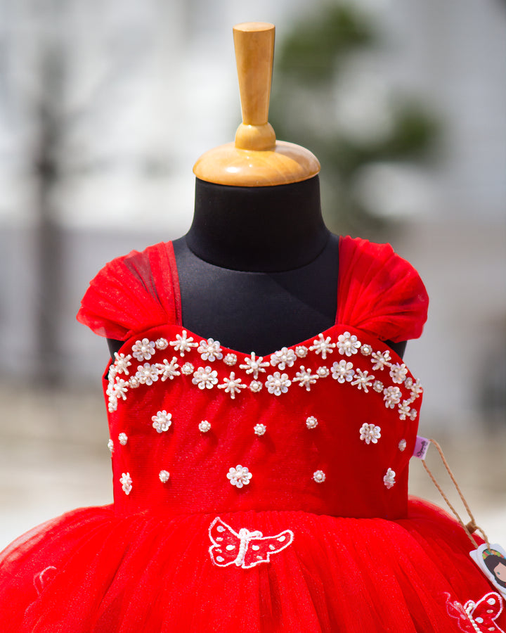 Heavy bead and butterfly handwork yoke on red strap sleeve partywear frock – Stanwells Kids