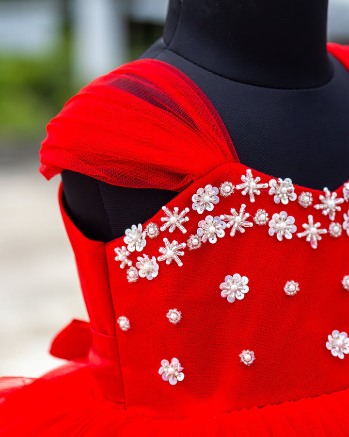 Red mono nylon net skirt on butterfly handwork strap sleeve frock – Stanwells Kids