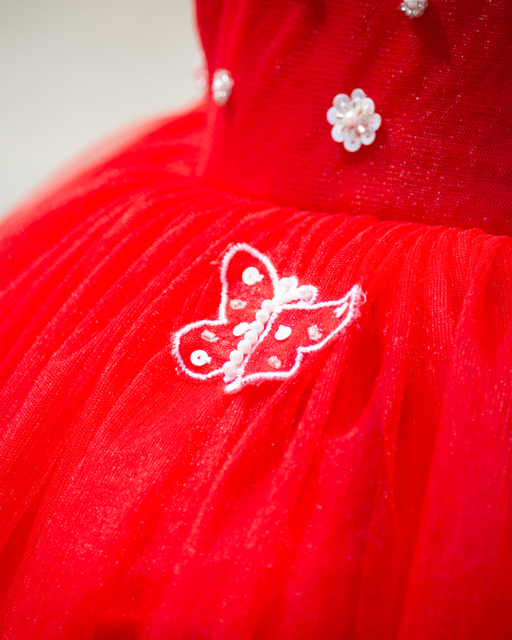 Back satin tie detail on red butterfly handwork partywear frock – Stanwells Kids