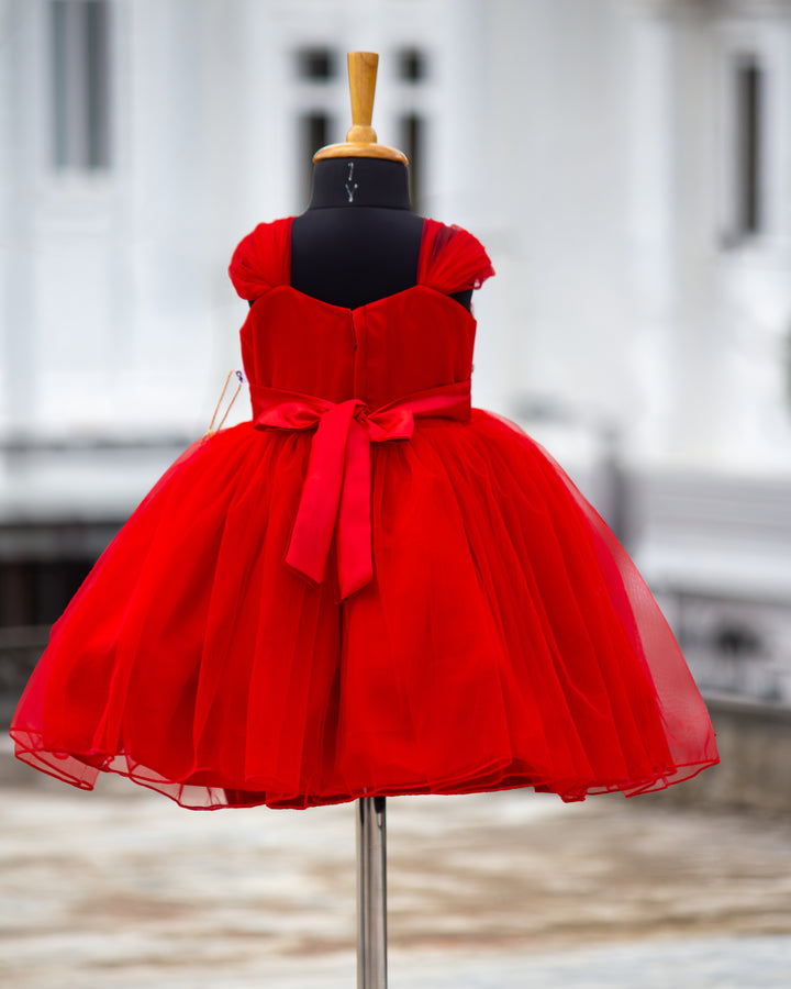 Full look – red butterfly handwork strap sleeve birthday frock for baby girl, Stanwells Kids