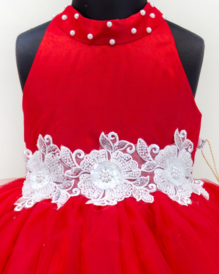 Red shade halter neck flower frock, baby girls birthday dress, party wear