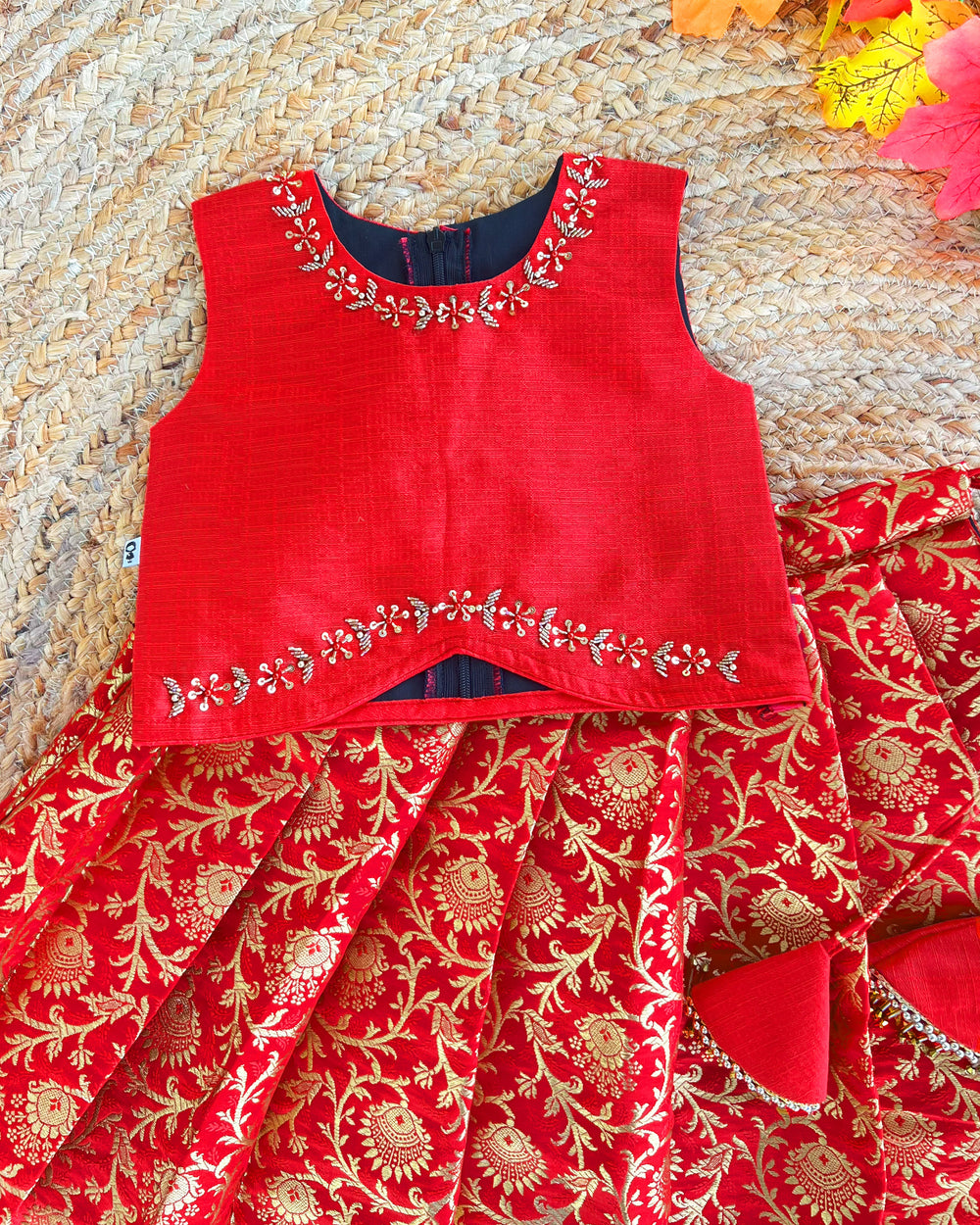 Baby girls red Banarasi jacquard handwork lehenga choli birthday dress