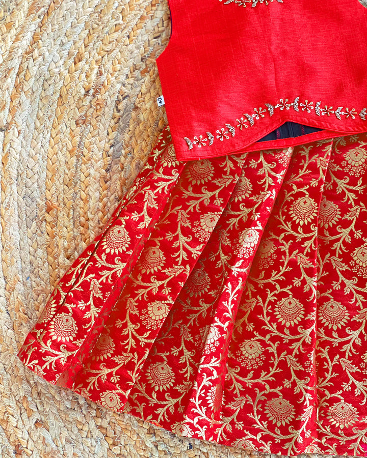 Baby girls red Banarasi jacquard handwork lehenga choli birthday dress