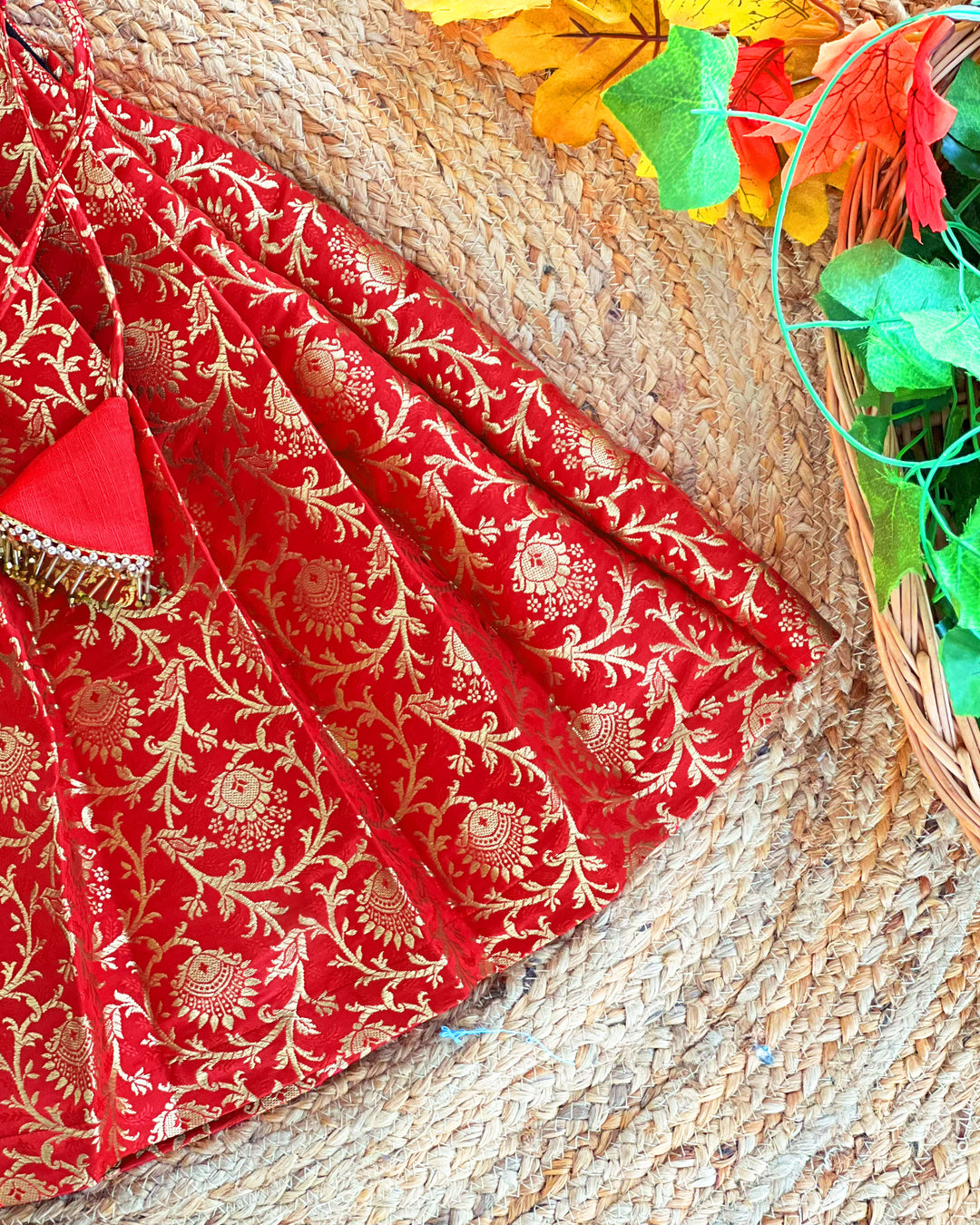 Baby girls red Banarasi jacquard handwork lehenga choli birthday dress