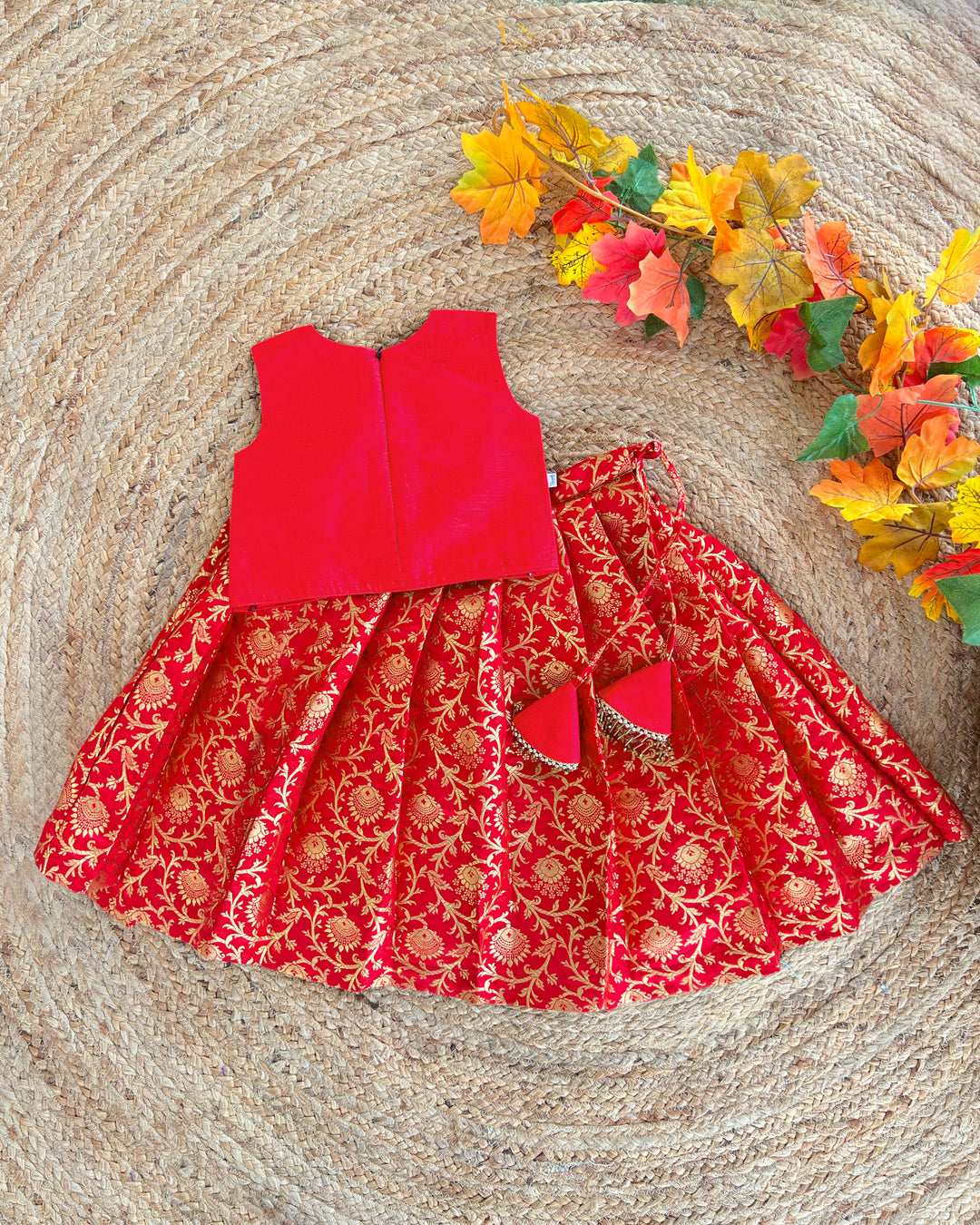Baby girls red Banarasi jacquard handwork lehenga choli birthday dress