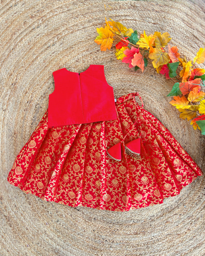 Baby girls red Banarasi jacquard handwork lehenga choli birthday dress