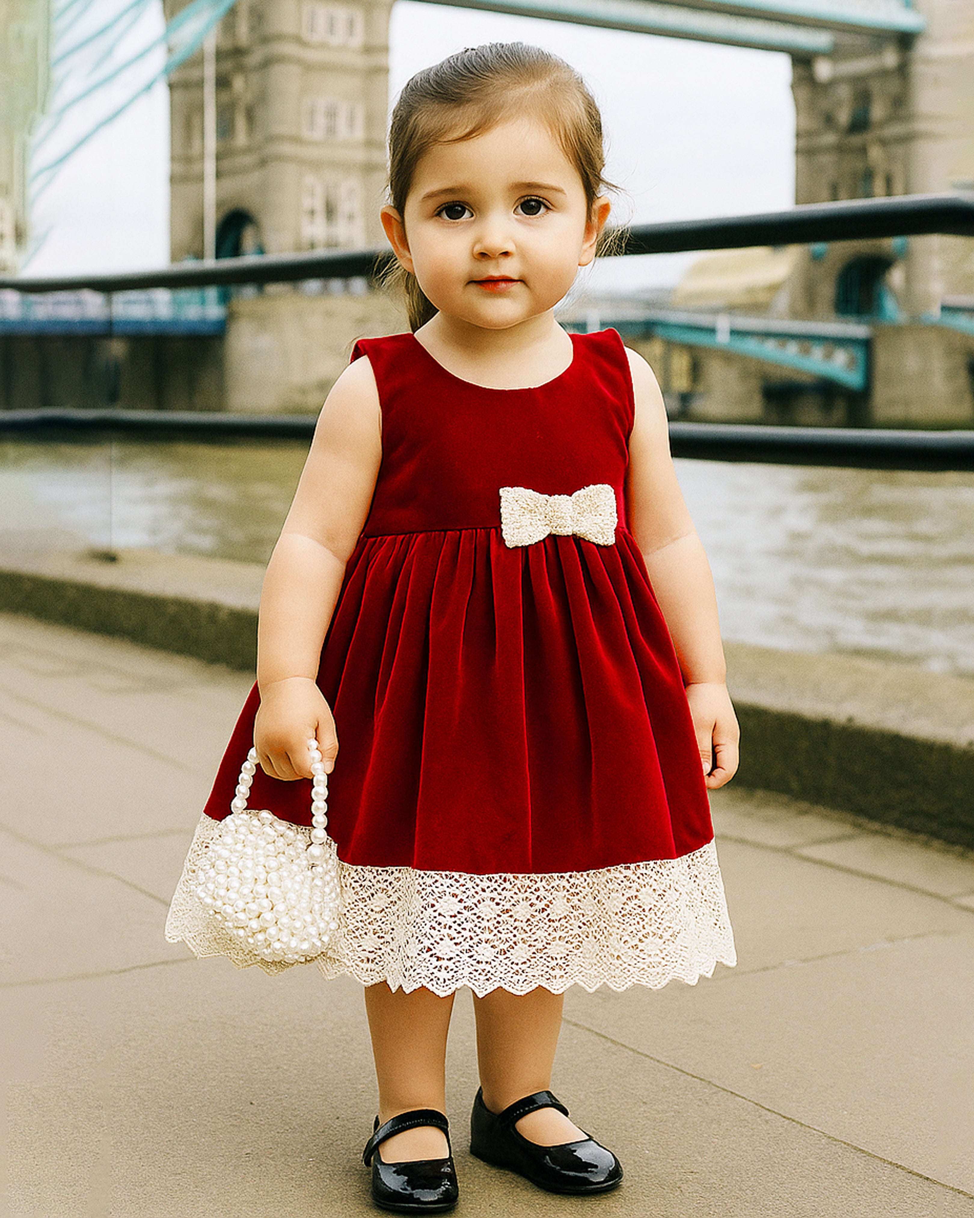Red Shade Crochet Velvet Knee Length Bow Frock