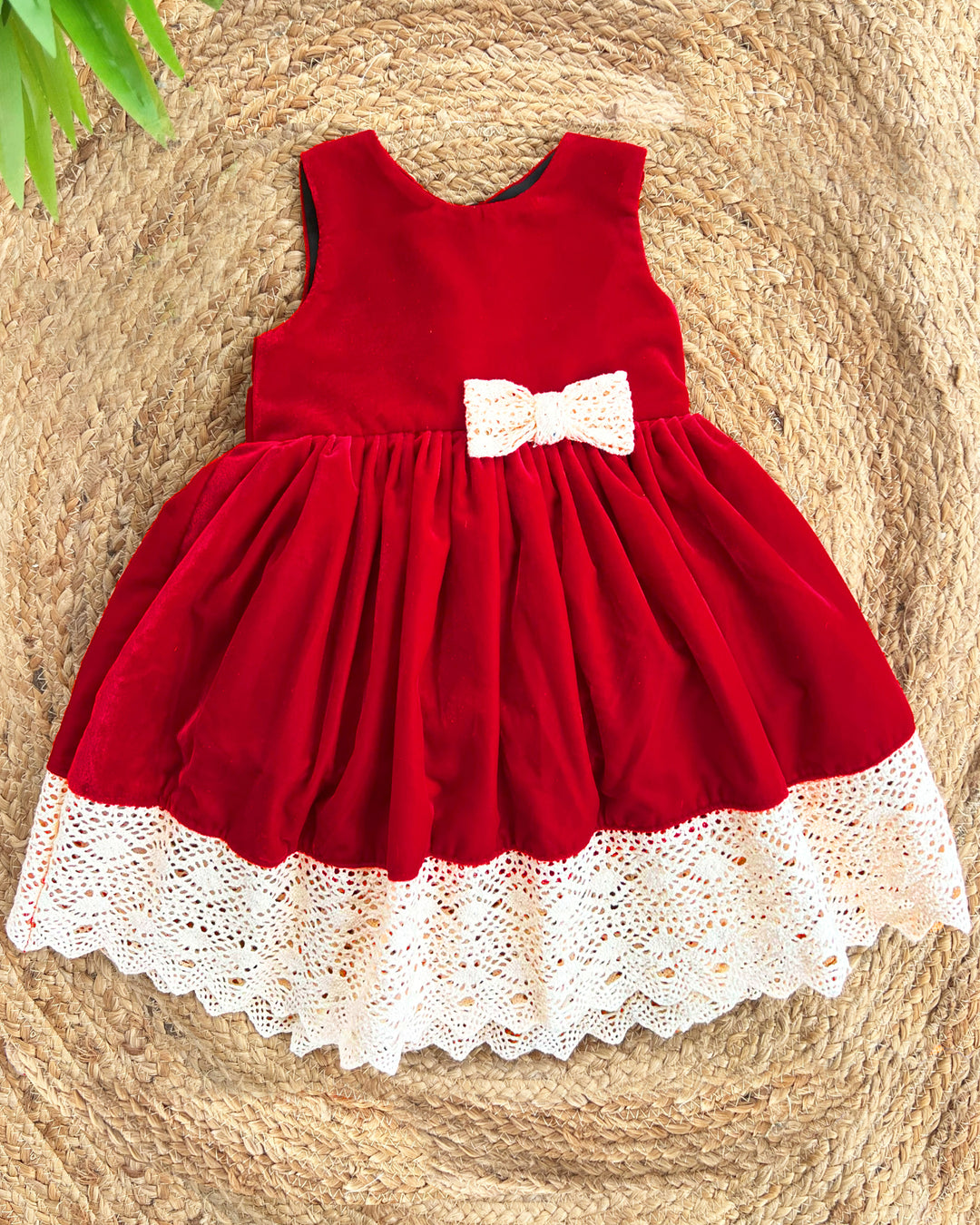 Red Shade Crochet Velvet Knee Length Bow Frock