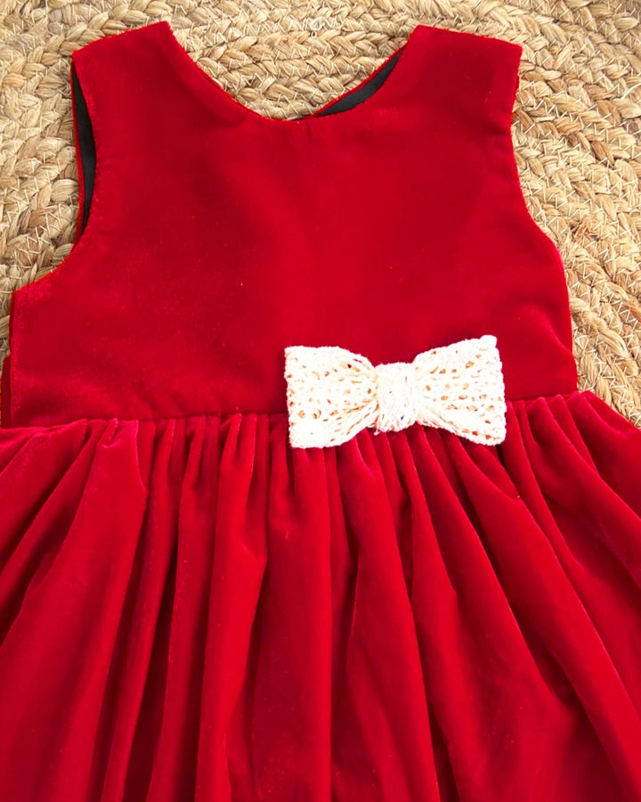 Red Shade Crochet Velvet Knee Length Bow Frock
