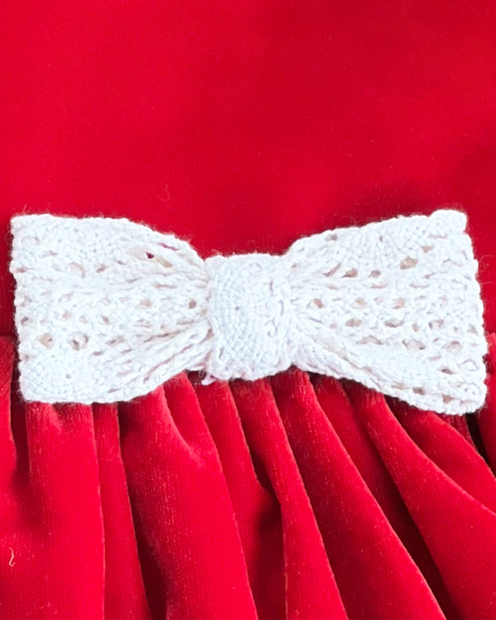 Red Shade Crochet Velvet Knee Length Bow Frock