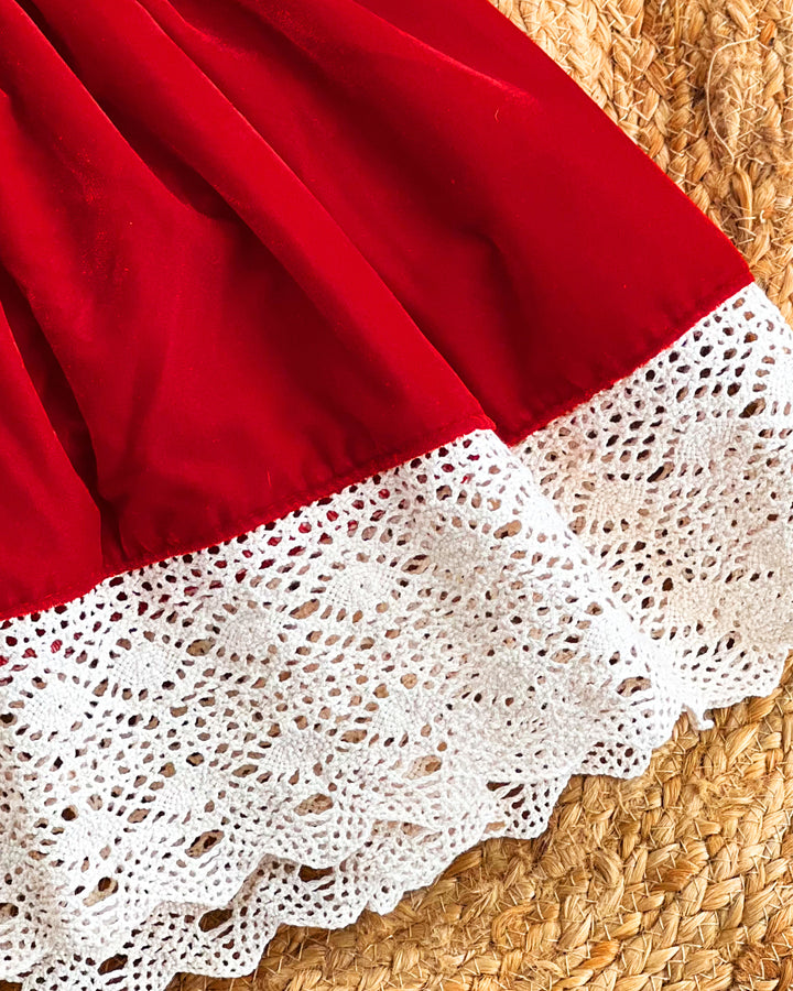 Red Shade Crochet Velvet Knee Length Bow Frock