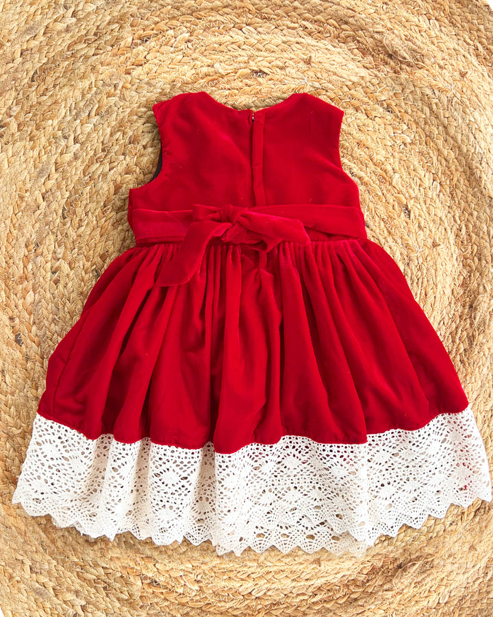 Red Shade Crochet Velvet Knee Length Bow Frock