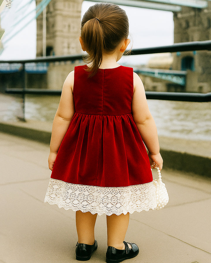 Red Shade Crochet Velvet Knee Length Bow Frock