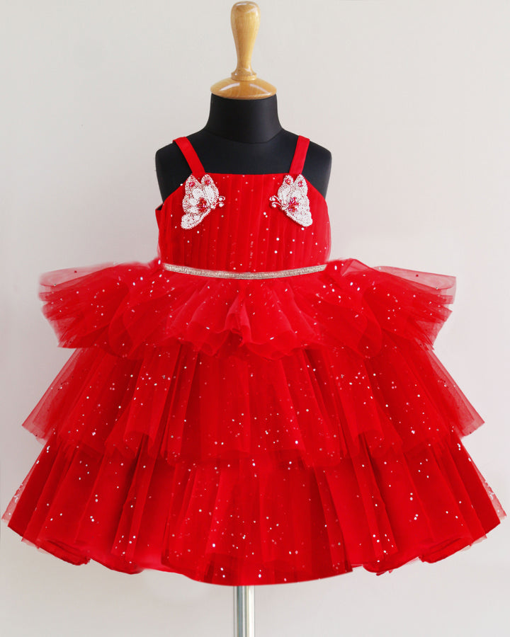 Red Glitter Butterfly Theme Birthday Dress for Baby Girls, Christmas Special Outfit, Stylish Baby Frock for Parties, Kids Elegant Birthday Dress