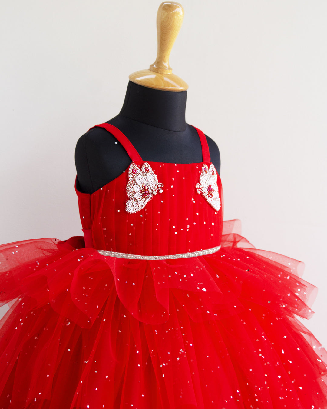 Red Glitter Butterfly Theme Birthday Dress for Baby Girls, Christmas Special Outfit, Stylish Baby Frock for Parties, Kids Elegant Birthday Dress