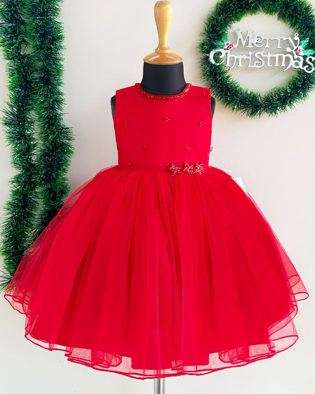 "Red shade birthday dress for baby girls, partywear star frock, Christmas special handcrafted baby frock, festive occasion wear for girls"