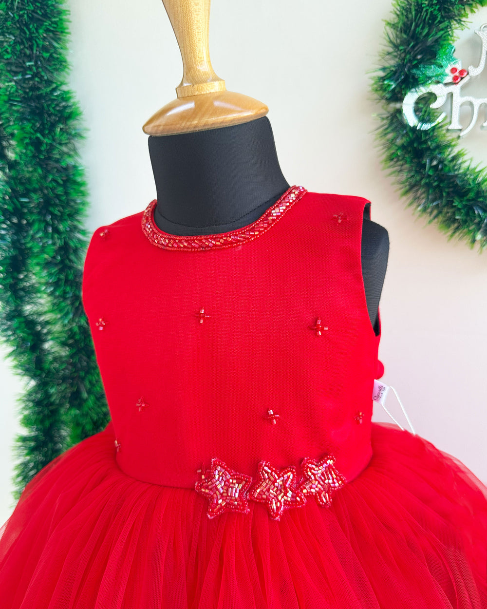 "Red shade birthday dress for baby girls, partywear star frock, Christmas special handcrafted baby frock, festive occasion wear for girls"