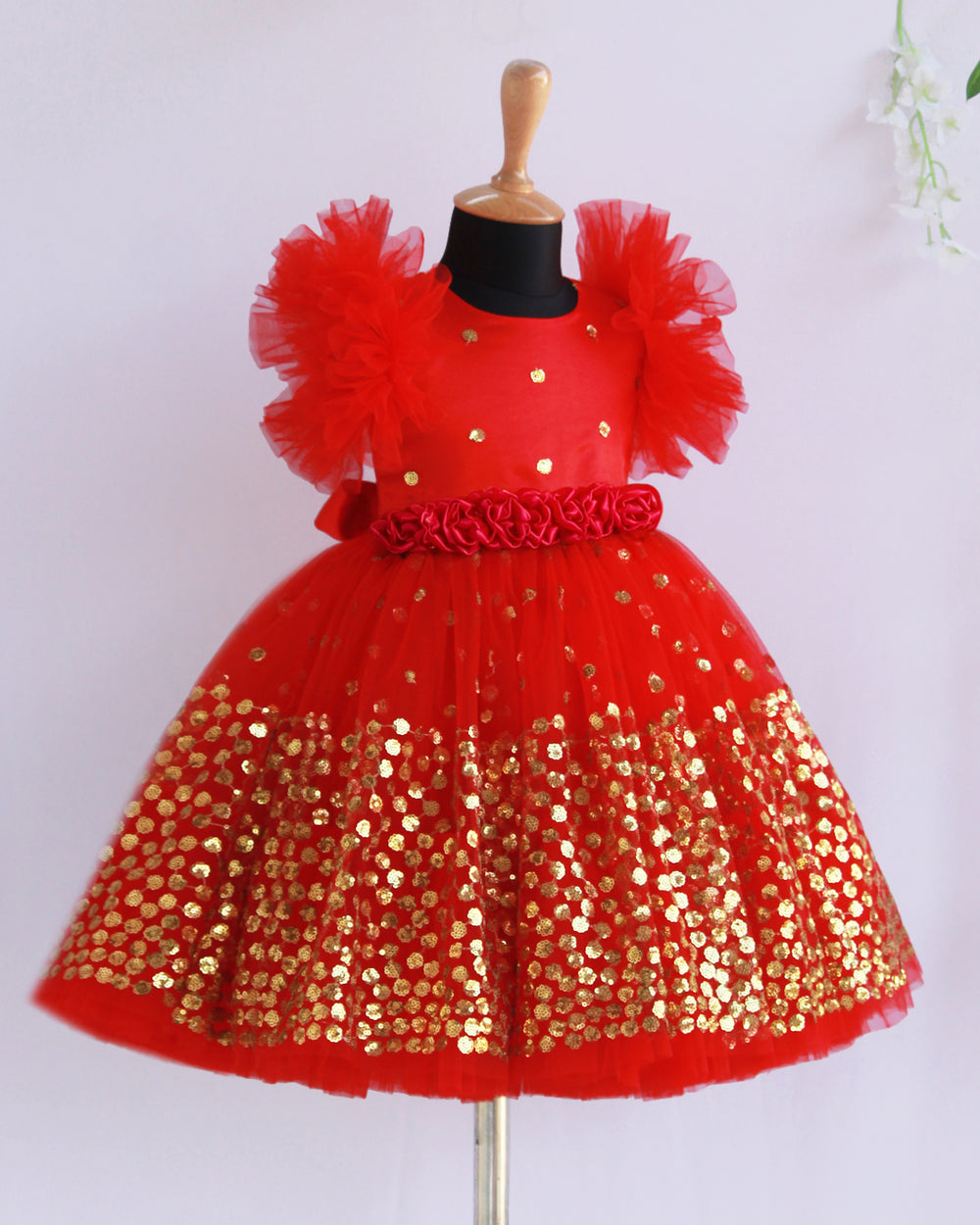 Red sequin birthday dress for baby girls partywear flower frock