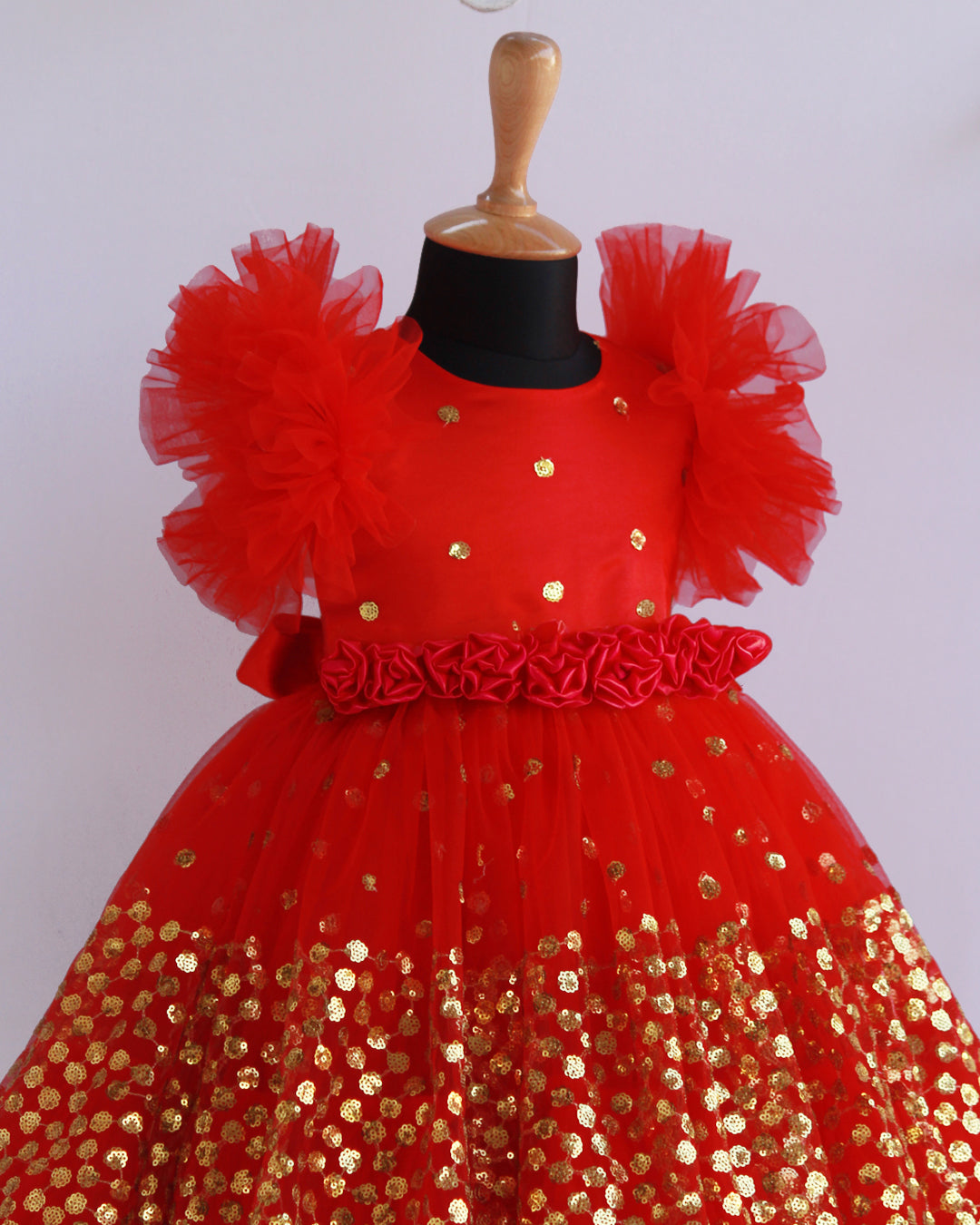Red sequin birthday dress for baby girls partywear flower frock