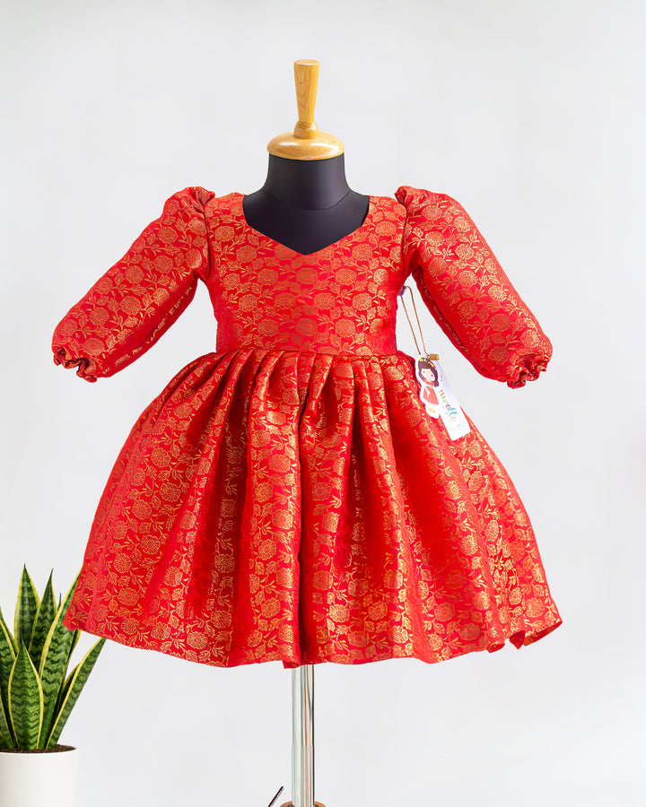 Red Silk Gold Floral Puff Sleeve Ethnic Frock – Front View – Stanwells Kids