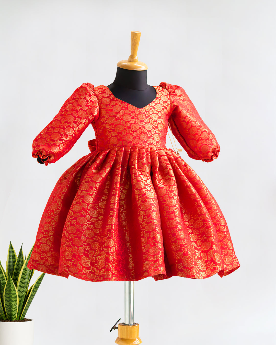 Red Silk Ethnic Frock with Golden Floral Print – Side View – Stanwells Kids