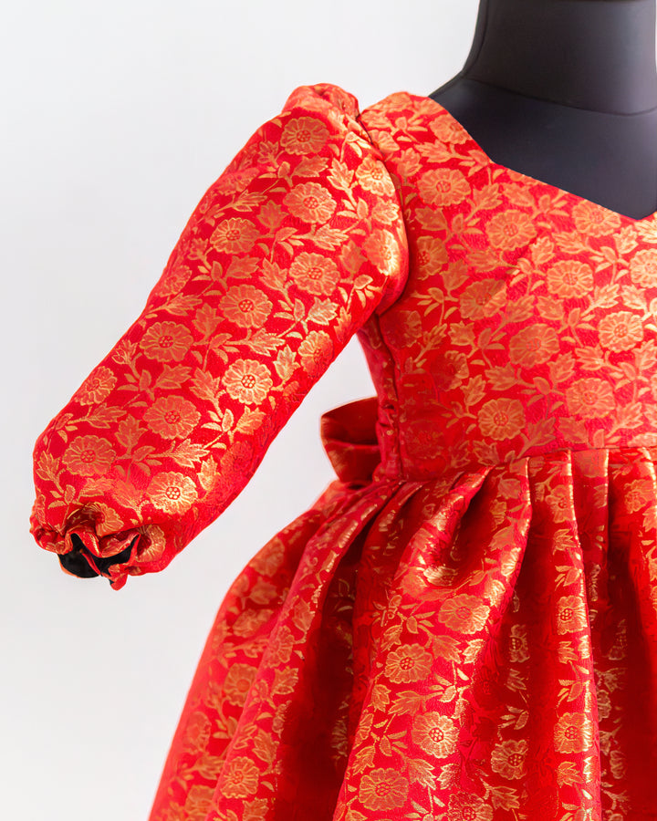 Puff Sleeve Detail – Red Silk Ethnic Frock for Baby Girl – Stanwells Kids