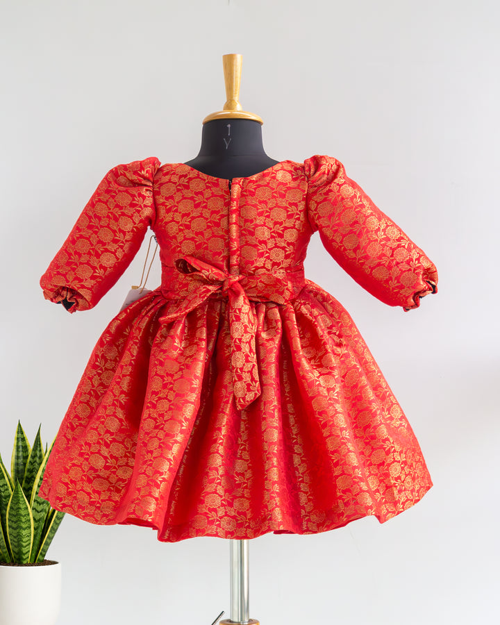 Red Silk Gold Floral Frock – Full Length – Baby Girl Ethnic Wear – Stanwells Kids