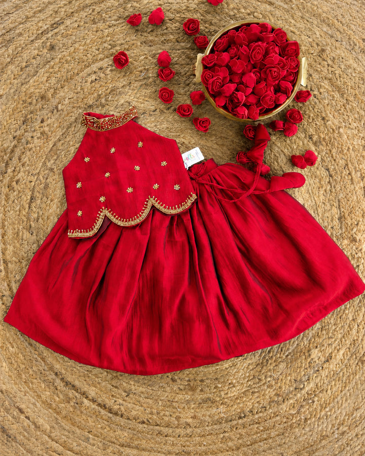 Golden bead handwork yoke on red silky chiffon halter neck lehenga choli – Stanwells Kids