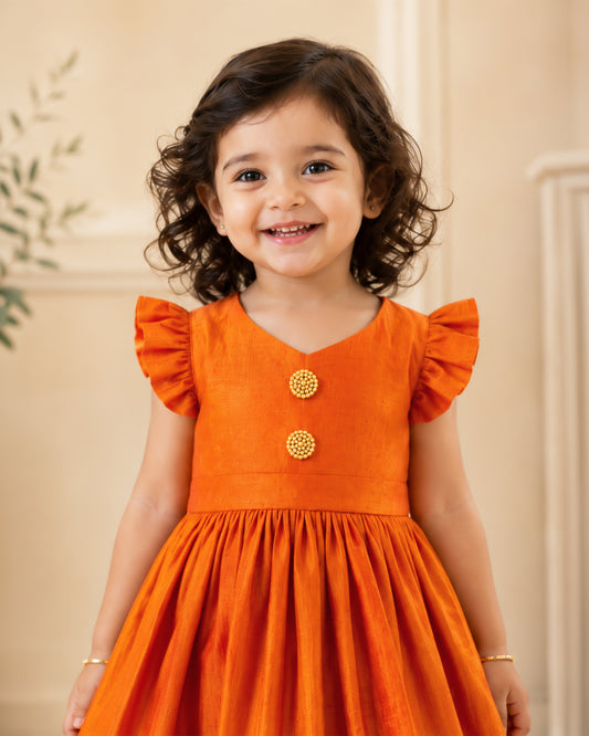 Red silk ethnic frock for baby girls – front view, Stanwells Kids