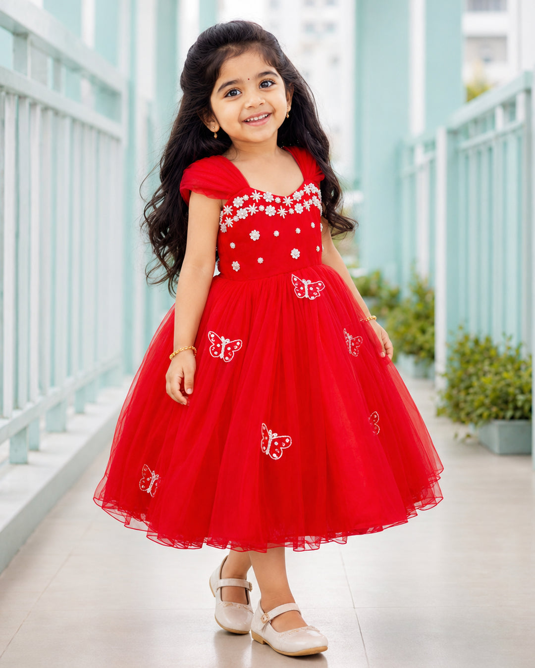 Heavy bead and butterfly handwork yoke on red strap sleeve partywear frock – Stanwells Kids