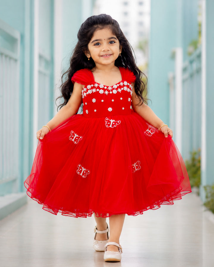 Red butterfly handwork strap sleeve partywear frock for baby girl – front view, Stanwells Kids