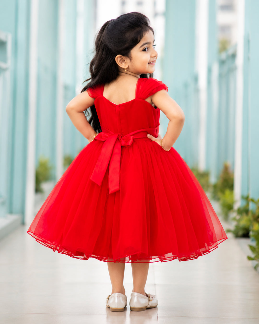 Full look – red butterfly handwork strap sleeve birthday frock for baby girl, Stanwells Kids