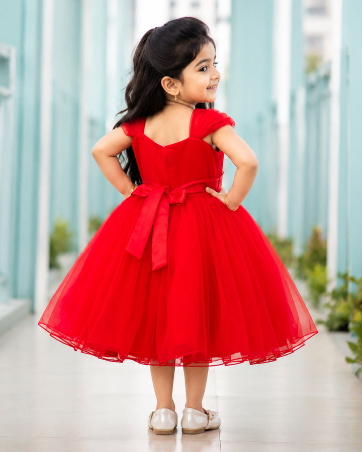 Full look – red butterfly handwork strap sleeve birthday frock for baby girl, Stanwells Kids
