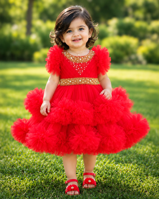 Red Handwork Two Layer Ruffled Frock for Baby Girl – Stanwells Kids