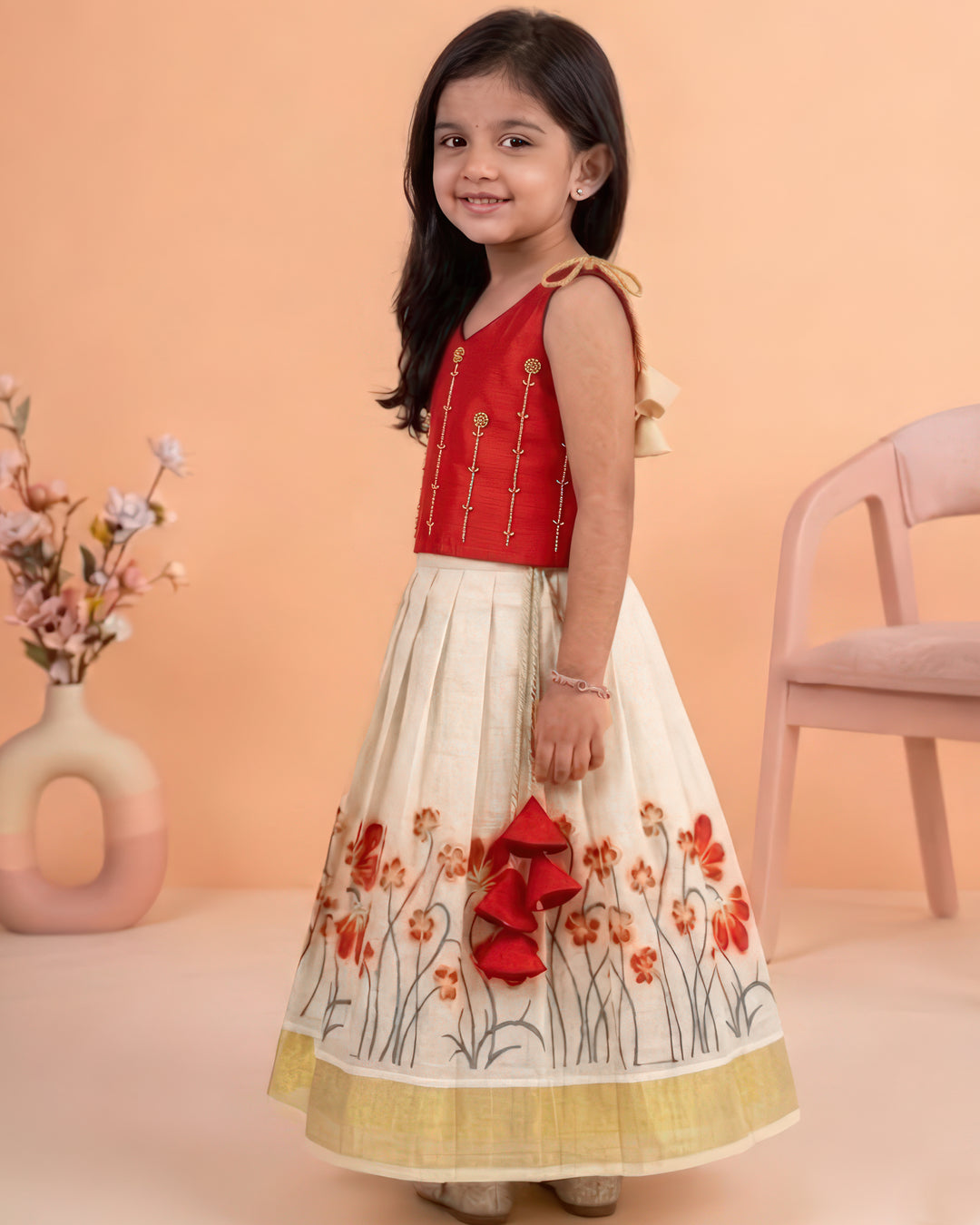 Red lime gold floral lehenga choli for baby girls, baby girls ethnic birthday dress, kids festive lehenga choli, traditional partywear dress for girls