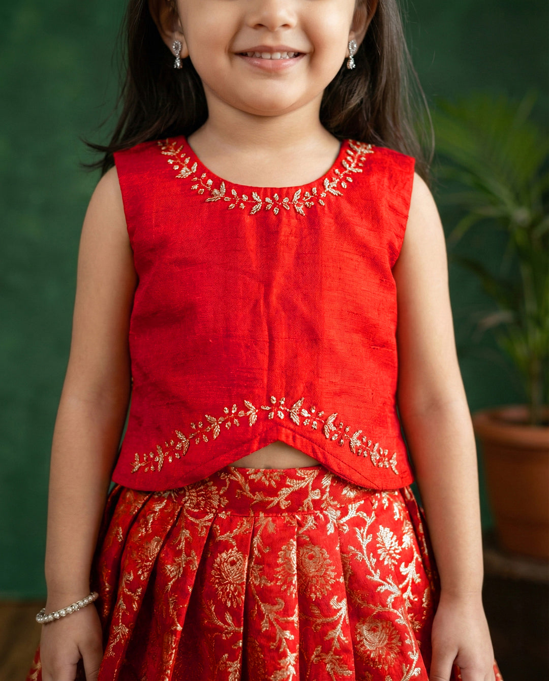 Baby girls red Banarasi jacquard handwork lehenga choli birthday dress