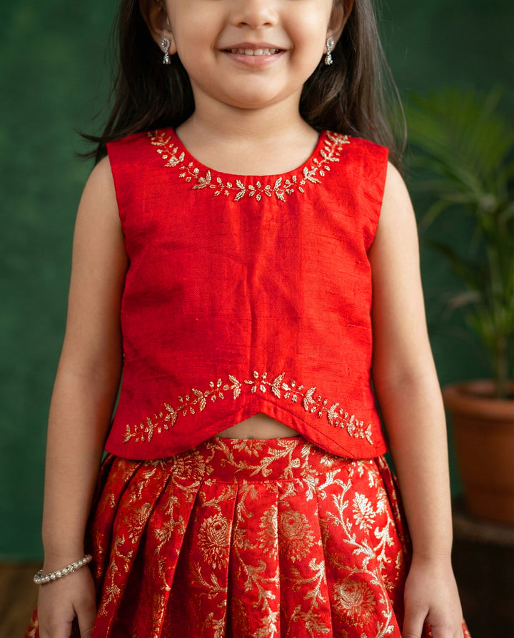 Baby girls red Banarasi jacquard handwork lehenga choli birthday dress