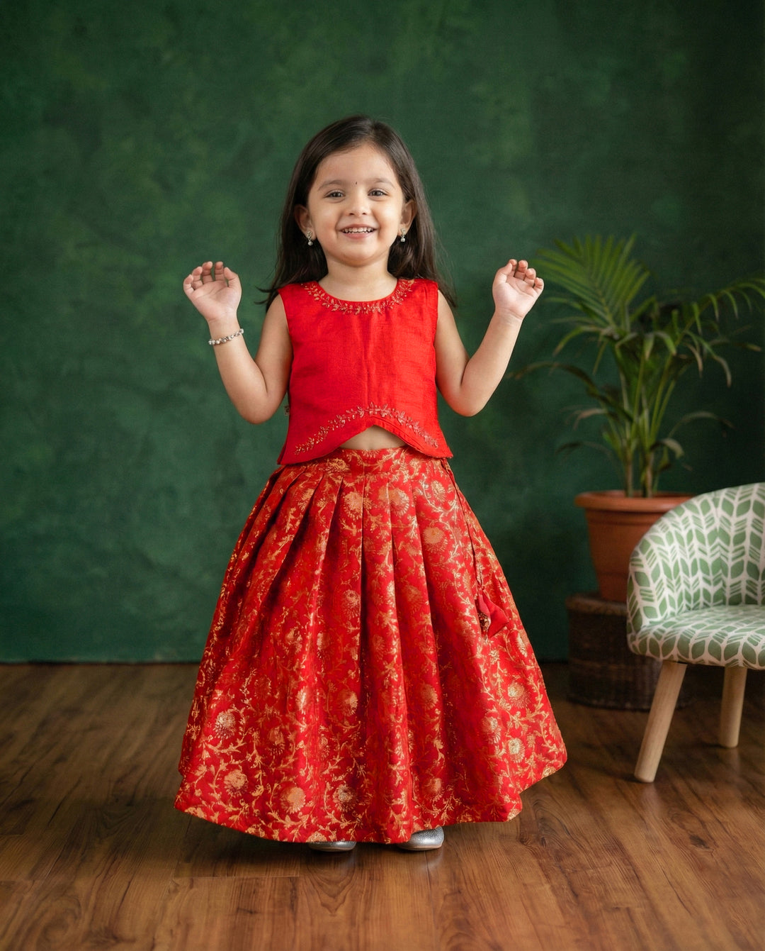Baby girls red Banarasi jacquard handwork lehenga choli birthday dress