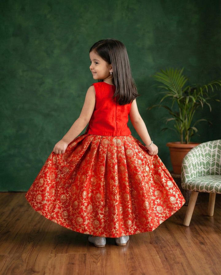 Baby girls red Banarasi jacquard handwork lehenga choli birthday dress