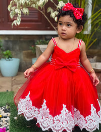 Red Shade Premium Lace Frock – Christmas Special Party Wear Dress for Girls